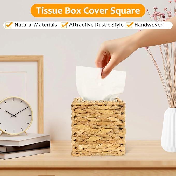 4 Pack Water Hyacinth Tissue Box Cover – Handwoven Rattan Square Holder, Natural Boho Decorative Organizer for Facial Tissues in Bathroom, Living Room, Bedroom & Office - ModernBath