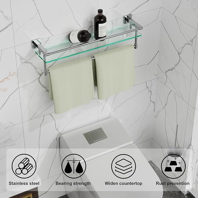24 Inches Floating Glass Shelves for Wall with Towel Bar/Track, SUS 304 Stainless Steel Railing Tempered Glass Shelf, for Toilet, Room Decor Modern (Chrome Polished, 24-inch) - ModernBath