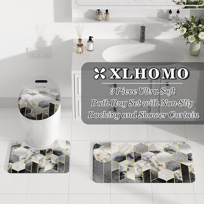 XLHOMO Bathroom Sets with Shower Curtain and Rugs - 4PC Grey Geometric Shower Curtain Set with 12 Hooks, Toilet Cover, U-Shaped Mat and Rugs Modern Abstract Bathroom Accessories for Bathroom - ModernBath