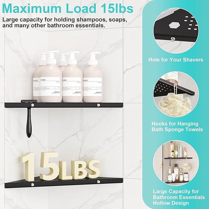 10" Bathroom Corner Shelf, 2 Pack Recessed Shower Shelf Caddy, SUS304 Stainless Steel Shelf Wall Mount Triangular, No Drilling Matte Black - ModernBath