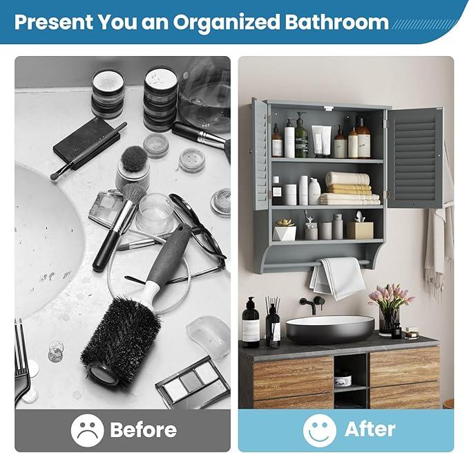 Giantex Medicine Cabinet with 2 Louvered Doors, 3-Position Adjustable Shelf, Towel Bar, Wall Mounted Bathroom Cabinet Above Toilet, Over The Toilet Space Saver (Grey) - ModernBath