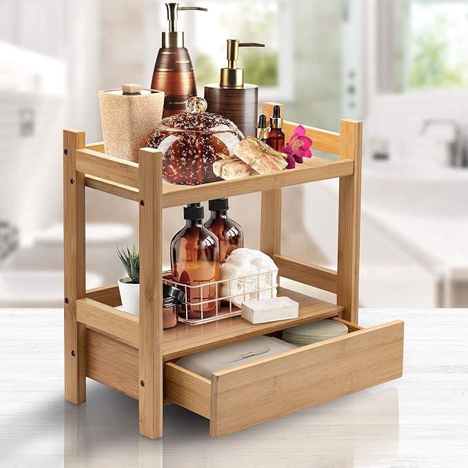 Sorbus Bamboo Bathroom Counter Organizer – 2-Tier Shelf with Hidden Drawer for Vanity, Matcha Station, Bathroom Sink Organizer Countertop, Kitchen & Office Storage (13″ L x 6.5″ W x 12.6″ H) - ModernBath