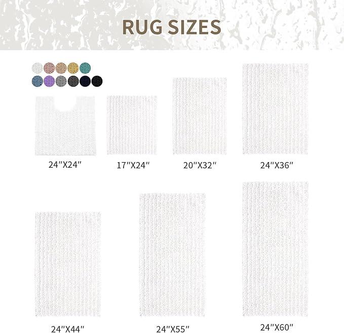 Ruggnovea Chenille Bathroom Rugs Non Slip Washable 70x24, Extra Thick Soft Absorbent Chenille Bath Mat, Non-Slip Barrier Backing, Quick Dry Machine Washable Bath Mats Tub, Shower,Floor/Sink,White - ModernBath