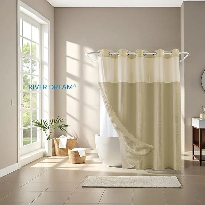 River Dream Linen Fabric Shower Curtain Set, Cotton Blend, Waffle Weave, with Snap in Replacement Liner，71 x 74 inches - ModernBath