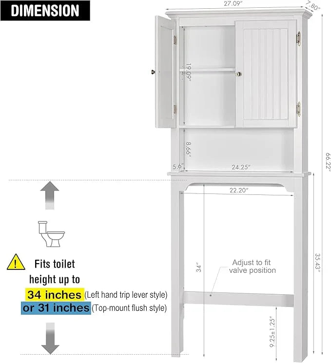 UTEX Over The Toilet Storage Cabinet, Over Toilet Bathroom Organizer with Adjustable Shelves and Double Doors, White - ModernBath