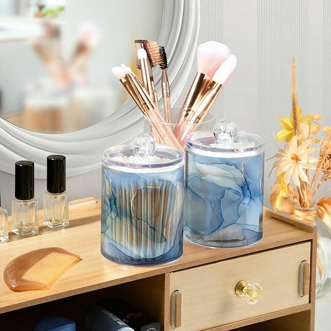 BOENLE 2 Pack Qtip Holder Dispenser Blue Marble Bathroom Storage Canister Lid Acrylic Plastic Apothecary Jar Set Vanity Makeup Organizer for Cotton Swabs/Pads/Floss - ModernBath