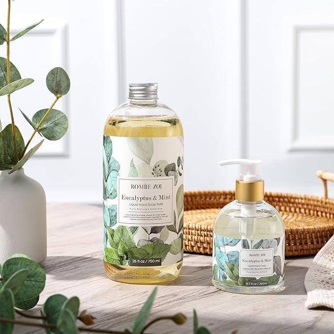 ROMIIE ZOI Eucalyptus & Mint Liquid Hand Soap Refill, Gentle & Moisturizing Formula, Natural Cruelty-Free Soap, Large 750 ML Bottles Bulk for Kitchen, Bathroom, and Dispensers (26 FL OZ, Pack of 3) - ModernBath