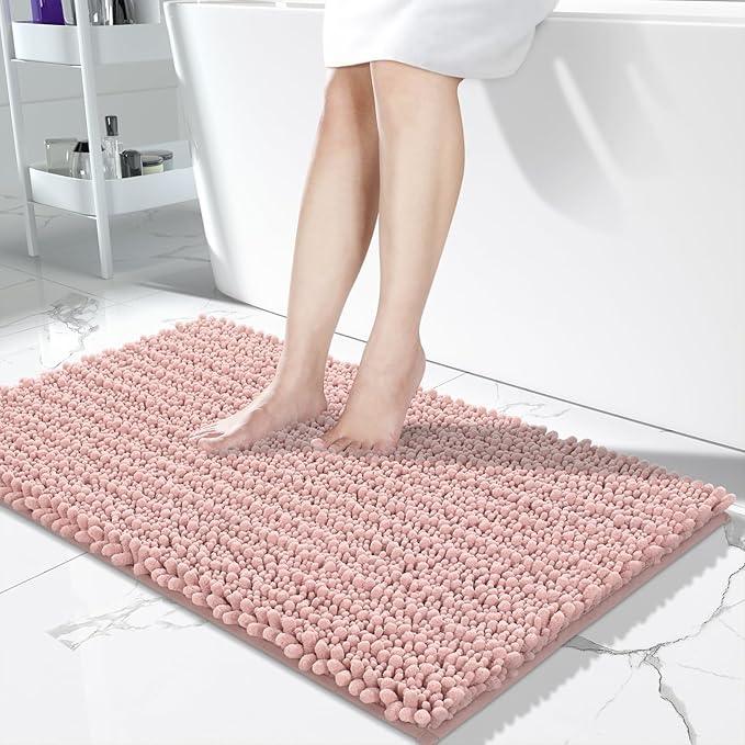 Yimobra Long Bathroom Rugs Non Slip Washable 44x24 Inch - Ultra Soft Absorbent Chenille Bath Mat, Quick Dry Shaggy Floor Carpet for Tub Shower, Light Pink Home Decor Accessories - ModernBath