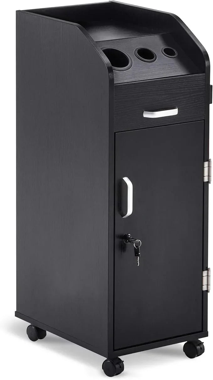 BarberPub Beauty Salon Trolley Storage Cart Hair Dryer Holder Stylist Equipment with Lockable Rolling Wheels, Drawer (Black) - ModernBath