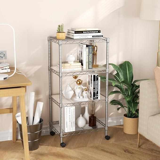 SINGAYE 4 Small Shelves Storage Shelf Wire Shelving Unit Metal Shelf Adjustable Organizers Storage Shelving with Wheels for Bathroom Laundry Room Kitchen Pantry - ModernBath