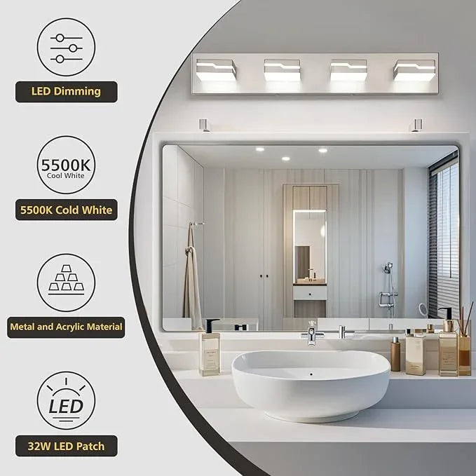 Merexcint LED Modern Bathroom Vanity Light Fixtures 4-Light, 25.5 inch Dimmable Nickel Vanity Lights for Bathroom Lighting Fixtures Over Mirror, with 350°Rotatable Acrylic Heads(White Light 5500K) - ModernBath