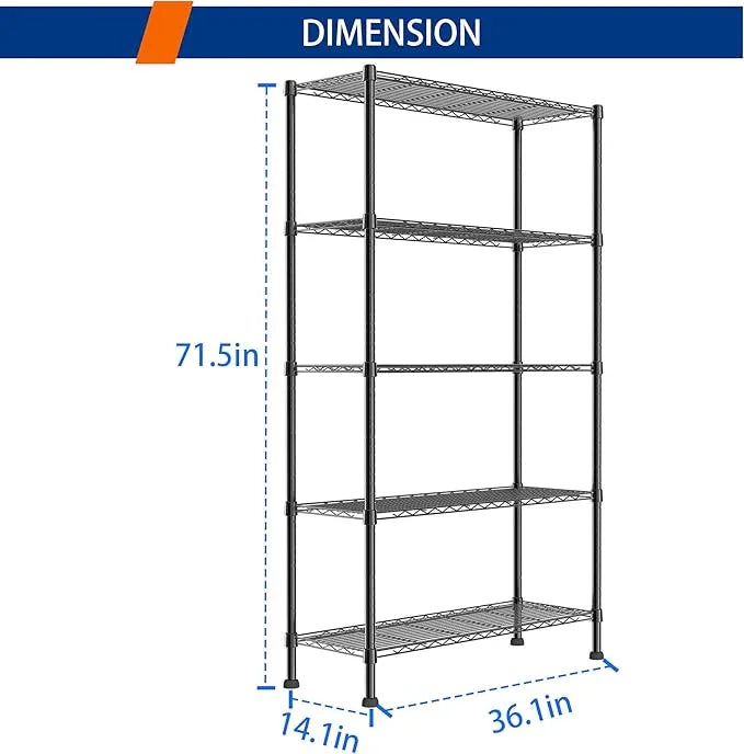 REGILLER 5-Wire Shelving Metal Storage Rack Adjustable Shelves,Standing Storage Shelf Units for Laundry Bathroom Kitchen Pantry Closet(Black,14.1" D x 36.1" W x 71.5" H) - ModernBath