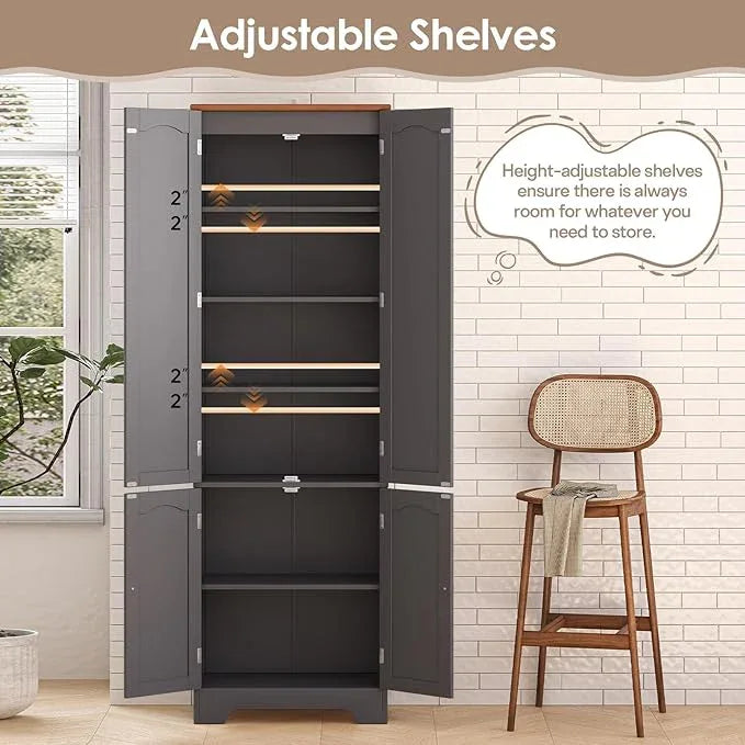 4 Door Pantry -72.2'' Kitchen Cabinet with Adjustable Shelves, Freestanding Cupboard, Tall Storage Cabinets for Dining Room, Living Room, Laundry, Bathroom, Entryway, Grey - ModernBath