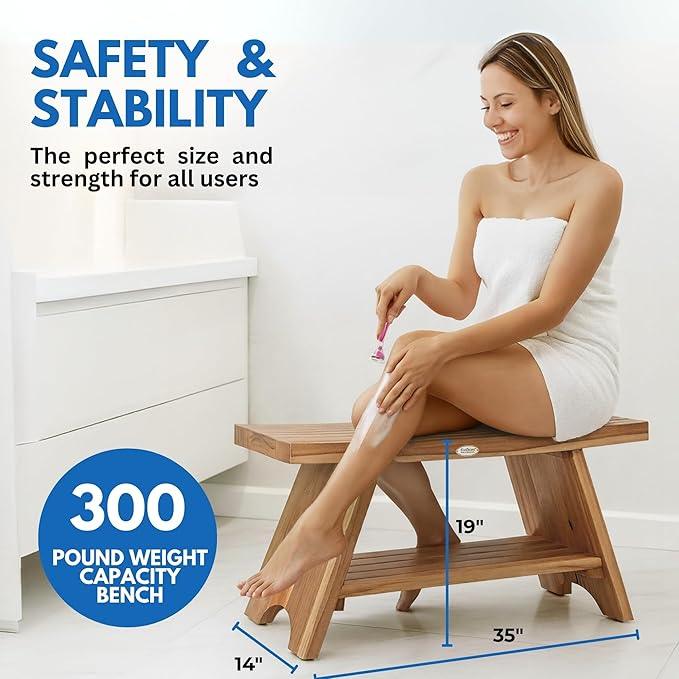 EcoDecors 35 Inch Serenity Teak Shower Bench – Waterproof Bathroom Seat with Large Storage Shelf For Adults & Seniors | Spa-Style Teak Wood Stool with Non-Slip Feet, Elegant Finish, 300 Pound Capacity - ModernBath