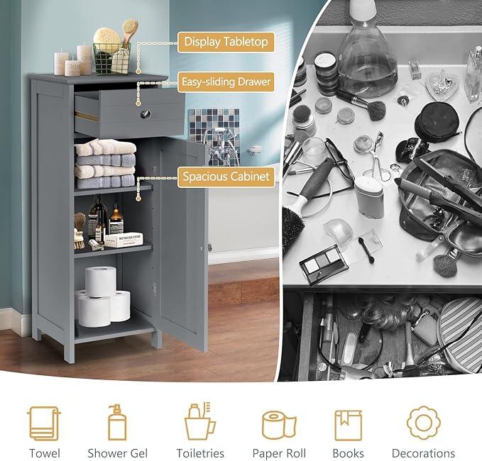 COSTWAY Bathroom Storage Cabinet, Single Door Floor Cabinet with Drawer and 3-Level Adjustable Shelves, Modern Side Storage Organizer with Anti-Tipping Device for Living Room, Bedroom (Gray) - ModernBath