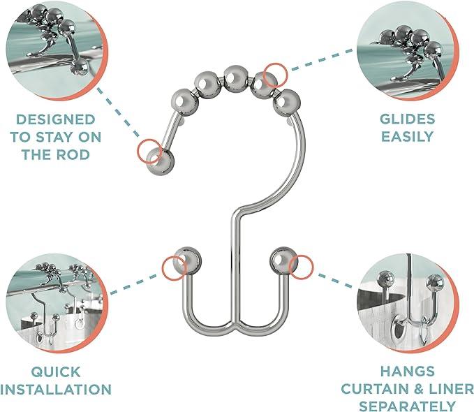 Zenna Home Shower Curtain Hooks, Chrome, Set of 12 – Premium Shower Curtain and Liner Rings with Double Roller Glide and Double-Sided Design – Rust Resistant - ModernBath