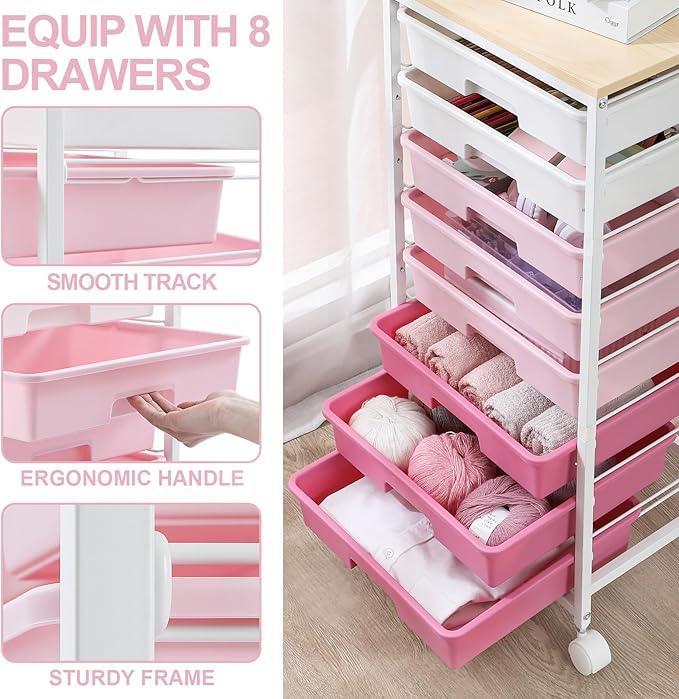 Rolling Cart with Drawers,Storage Cart with 8 Drawers and Wooden Tabletop,Utility Cart for Living Room,Classroom, Bedroom,Bathroom,Dorm,Office,Rose Pink - ModernBath