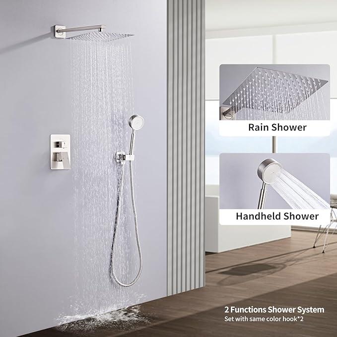 RTTWYYUU Brushed Nickel Rainfall Shower Head, Wall Mounted 10 Inch Shower Heads with Handheld Spray Combo, Luxury Bathroom Square Rain Shower System, Solid Brass Pressure Balancd Shower Faucet Valve - ModernBath