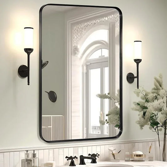 Minuover Wall Mount Mirror for Bathroom, Brush Black Metal Framed Rounded Corner Rectangular Vanity Mirror (20" x 30", Black) - ModernBath