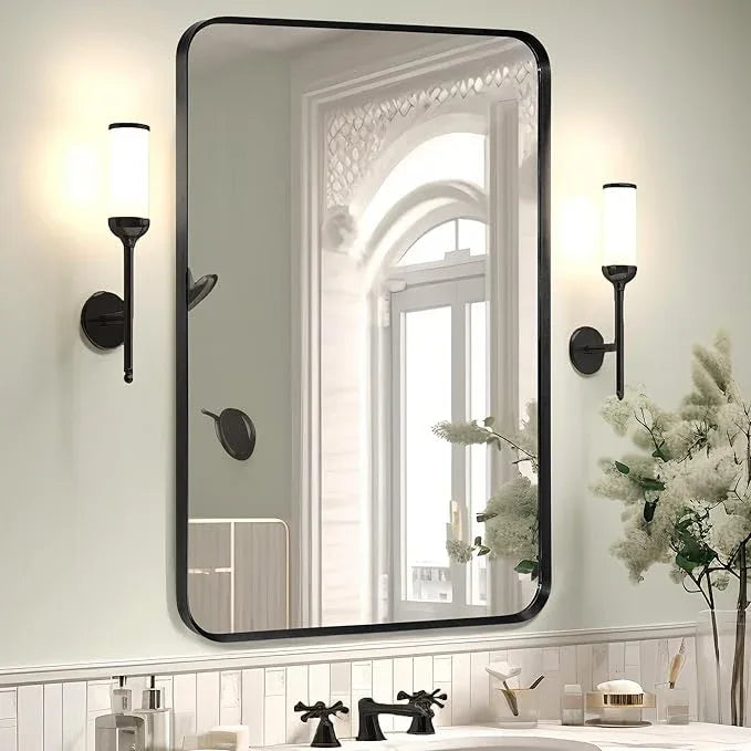 Minuover Wall Mount Mirror for Bathroom, Brushed Black Metal Framed Rounded Corner Rectangular Vanity Mirror (24" x 36", Black) - ModernBath