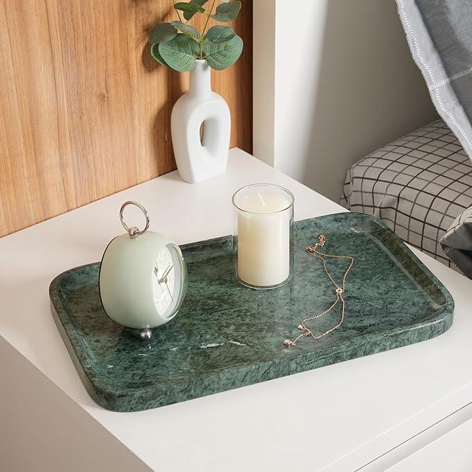 Karibiber Marble Vanity Tray, Bathroom Tray for Countertop, 14'' Green Decoration for Dresser Organizer, Large Serving for Kitchen, Marble Storage for Coffee Table, Perfume, Jewelry Holder - ModernBath
