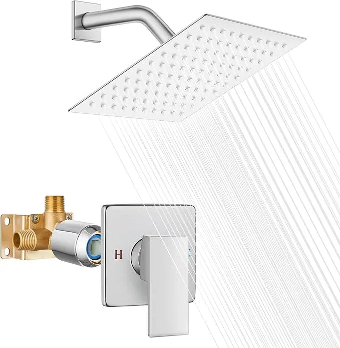Heyalan 8 Inch Shower Head and Handle Set Square Shower Faucet Set Bathroom Rainfall Shower Faucet Set Stainless Steel Showerhead Single Function Shower Trim Kit,Male Thread Valve,Polished Chrome - ModernBath