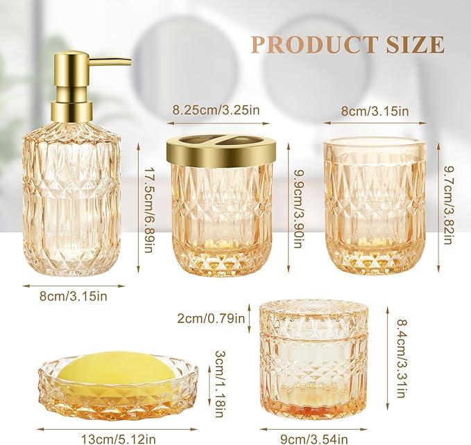 Ulable Bathroom Accessories Set, 5Pcs Gold Glass Bathroom Accessories Set with Gold Soap Dispenser, Soap Dish, Toothbrush Holder, Tumbler, Cotton Swab Jars - ModernBath