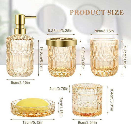 Ulable Bathroom Accessories Set, 5Pcs Gold Glass Bathroom Accessories Set with Gold Soap Dispenser, Soap Dish, Toothbrush Holder, Tumbler, Cotton Swab Jars - ModernBath