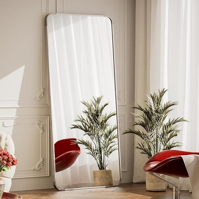 BEAUTYPEAK Silver Full Length Mirror, 65"x24" Rounded Corner Floor Mirror Standing Hanging or Leaning Against Wall, Suitable for Bedroom or Dressing Room - ModernBath
