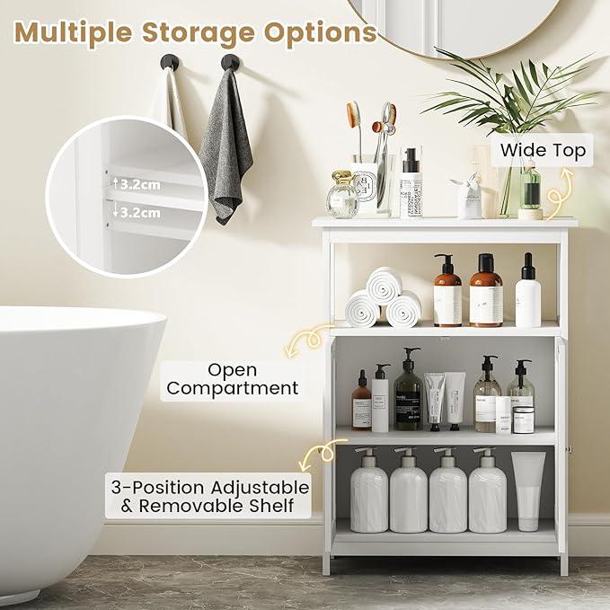 GOFLAME Bathroom Cabinet, Floor Storage Organizer with 2 Doors, 2 Open Shelves, 3-Level Adjustable Shelf, Modern Storage Unit for Laundry Room, Entryway, Living Room, White - ModernBath