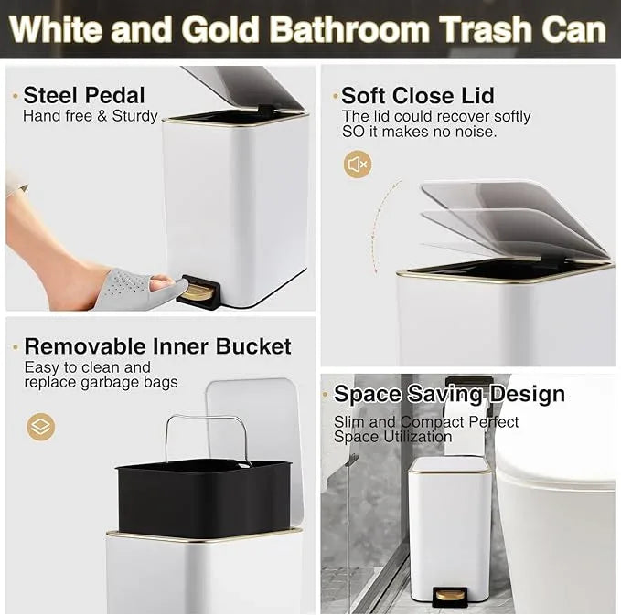 XLHOMO White Bathroom Accessories Set 8 Piece White and Gold Bathroom Set, Bathroom Sets with Stainless Steel Trash Can,Toilet Brush,Toothbrush Set,Soap Dispenser - ModernBath