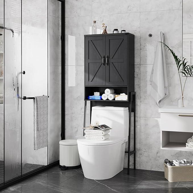 Over The Toilet Storage Cabinet with 2-Door Design Bathroom Organizers and Storage with Anti-Tip Device Over Toilet Organizer with Shelves for Bathroom,Restroom,Laundry Black - ModernBath