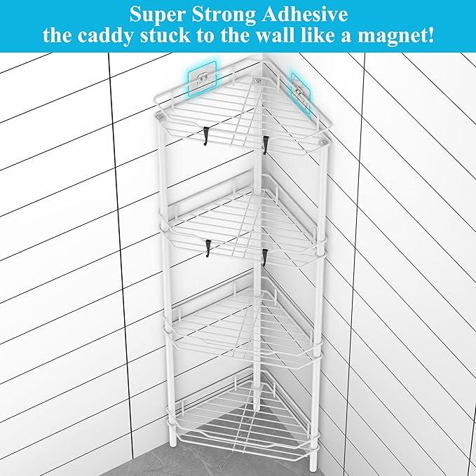 4 Tier Floor Standing Corner Shower Caddy Organizer Shelf with Hooks, Bathroom Shelves Stand Rack, White - ModernBath