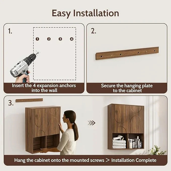 Bathroom Wall Cabinet, 24x30 Inch Small Over The Toilet Storage Cabinet, Walnut Space Saver Hanging Wall Mounted Medicine Cabinet Organizer with 2 Doors, Open Adjustable Shelf for Laundry Room Kitchen - ModernBath