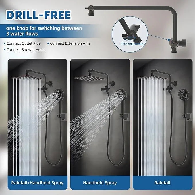 12" All Metal Shower Head, High Pressure 10-Spray Handheld Showerhead Rainfall Shower Head Combo with 11" Adjustable Shower Extension Arm, 71" Hose, Shower Head Holder, Oil Rubbed Bronze - ModernBath