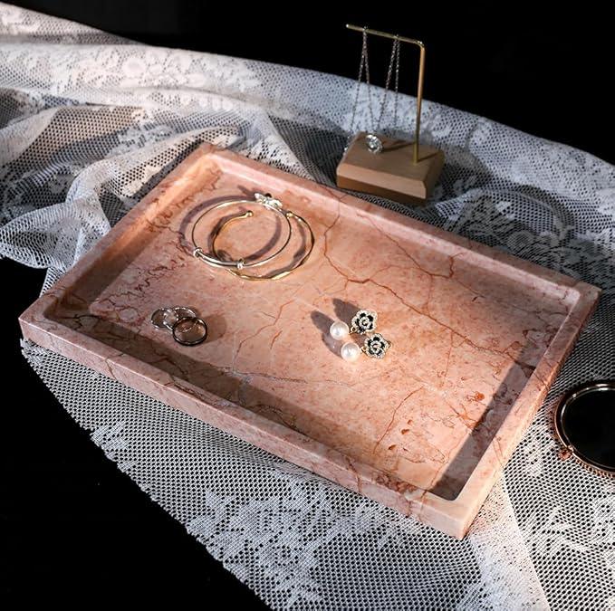 Real Luxurious Natural Marble Vanity Tray Genuine Marble Storage Tray for Home Decor Stone Tray for Bathroom/Kitchen/Vanity/Dresser Non-Resin/Non-Ceramic/Cream Rose - ModernBath