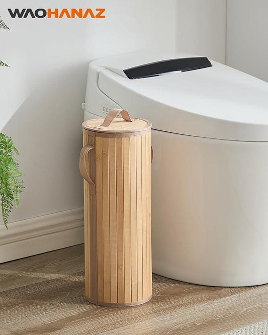 Bamboo Toilet Paper Storage Basket with Lid & Handle - 10L Handwoven Bathroom Organizer for 4 Rolls - Sturdy Stand Holder for Toilet Paper Organization, Natural - ModernBath