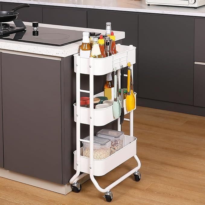 MAX Houser Slim 3-Tier Rolling Utility Cart, Narrow Metal Bathroom Storage Multifunctional Organizer Carts with Wheels with Extra Hook, Laundry Room,Kitchen,Small Space(White) - ModernBath