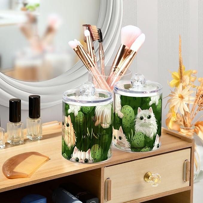 Tatenale Qtip Holder Bathroom Set Q tip Cotton Ball Swab Pad Dispenser Container Organizer Plastic Jars with Lids Storage 2Pack Green Cat and Cactus - ModernBath