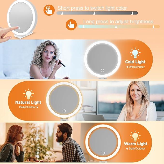 Travel Makeup Mirror with Lights, Lighted Magnifying Mirror 10X, 4-in-1 Portable for Handheld, Tabletop, Hanging and Wall Mount with Suction Cup and 3 Color Light, Ideal Gift for Women and Seniors - ModernBath