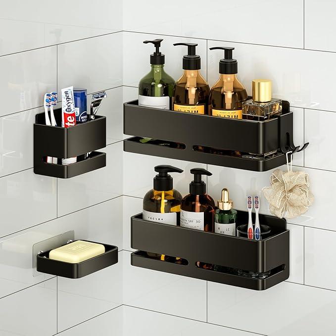 Bathroom Storage Rack (5-Piece Set), Wall-Mounted Shelf with soap Dish and Toothbrush Holder, no Drilling Required, Ideal for Bathroom Storage and Also Suitable for Kitchen (Black) - ModernBath