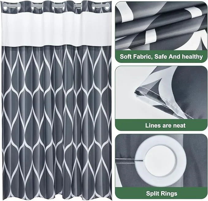 Yiatn Dark Grey Ringless Shower Curtain with Snap in Liner - Hotel Style with See Through Mesh Top Window, Modern Geometric Waterdrop Design,Waterproof and Washable,- 71x74 INCH - ModernBath