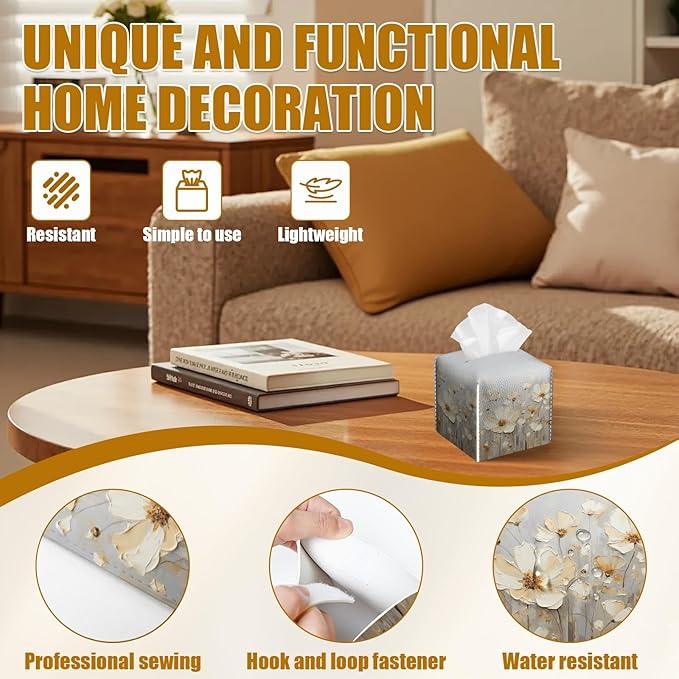 White Poppy Tissue Box Cover 2PCS, Flower Floral Leather Tissue Box Holder Square Facial Paper Case Tissue Box Cube Organizer for Bathroom Bedroom Desk Office - ModernBath