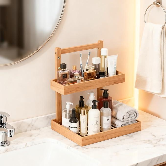 Bamboo Undersink Organizer Storage - 2-Tier Cabinet Shelf with Adjustable Levels, Under Sink Storage Slide Out for Cabinet Pantry Kitchen Bathroom (Natural) - ModernBath