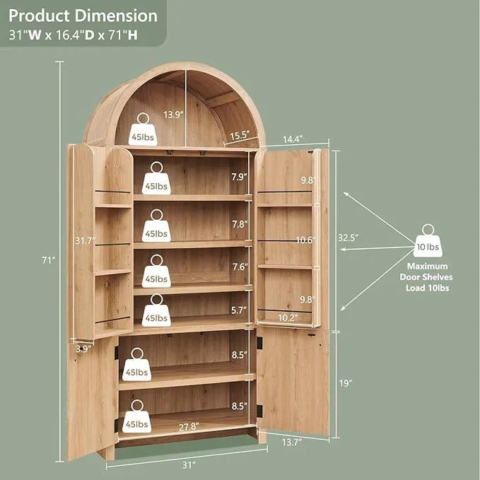 71" Tall Arched Bathroom Storage Cabinet, Modern Fluted Storage Cabinet w/Doors, 3 Adjustable Shelves, 6 Door Shelves, Wood Freestanding Cabinet for Bathroom, Entryway, Hallway, Natural - ModernBath