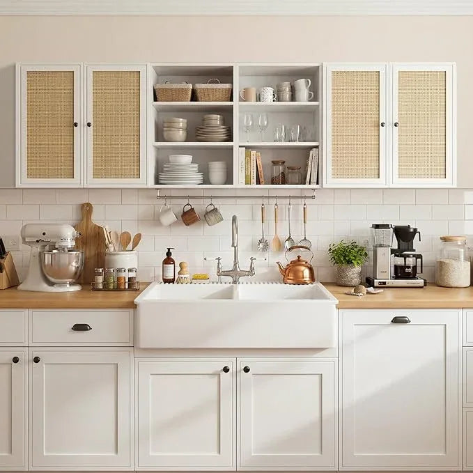 Kitchen Wall Cabinets,78.8" W Rattan Wall Mounted Laundry Cabinets with Adjustable Shelf, Floating Hanging Storage Cabinet for Laundry Room, Bathroom, Kitchen - ModernBath