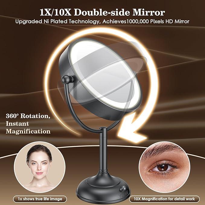 VESAUR Professional 8.5" Lighted Makeup Mirror, 1X/10X Double Sided HD Undistorted Magnifying Mirror with 3 Color 90 Dimmable LED lights, 360° Rotation Vanity Mirror, Unique Black Nickel with Gift Box - ModernBath