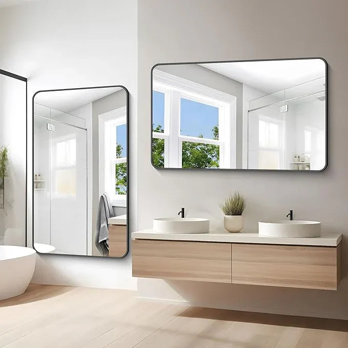 BONEWEI 60x36 inch Large Bathroom Mirror,Black Rectangle Mirror,Wall Mounted Bathroom Frame Vanity Mirror with Round Corner for Bedroom Living Room, Entryway Hangs Horizontal or Vertical - ModernBath