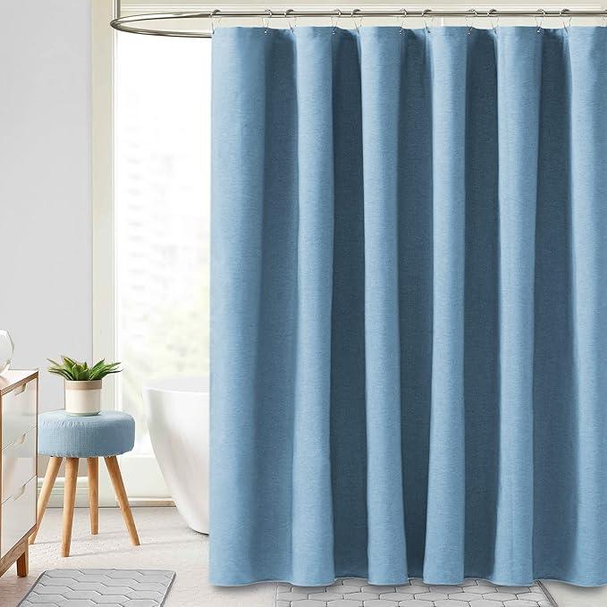 BTTN Extra Long Shower Curtain - 84 Inch Blue Linen Textured Heavy Duty Fabric Shower Curtain Set with 12 Hooks, Tall Luxury Simple Waterproof Cloth Shower Curtains for Bathroom, 72x84, Moonlight Blue - ModernBath