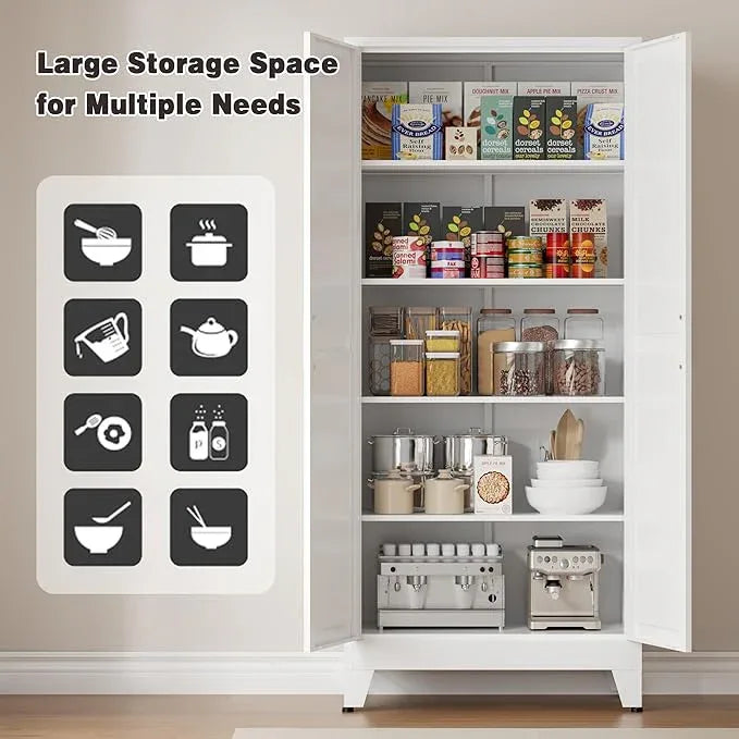 71” Tall Pantry Storage Cabinet, Kitchen Cabinets, Metal Cupboard with 4 Adjustable Shelves for Dining Room, Bathroom, Living Room - ModernBath